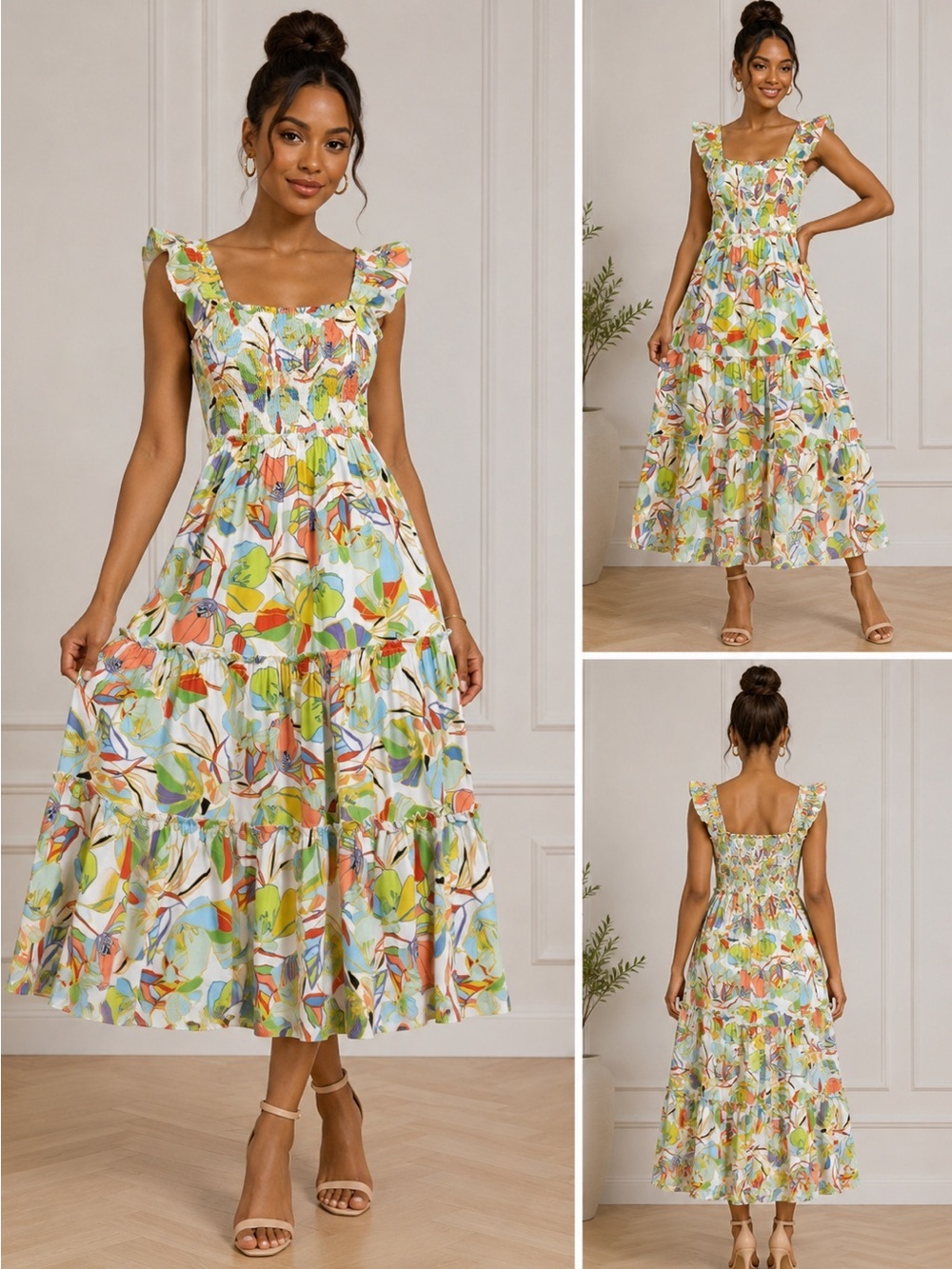 Karlie Floral Smocked Tiered Maxi Dress Linen Blend Cottagecore Resort M